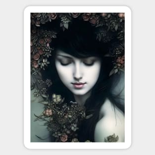 Floral Somberness: A Dark and Enchanting Portrait of Beauty and Mystery Sticker